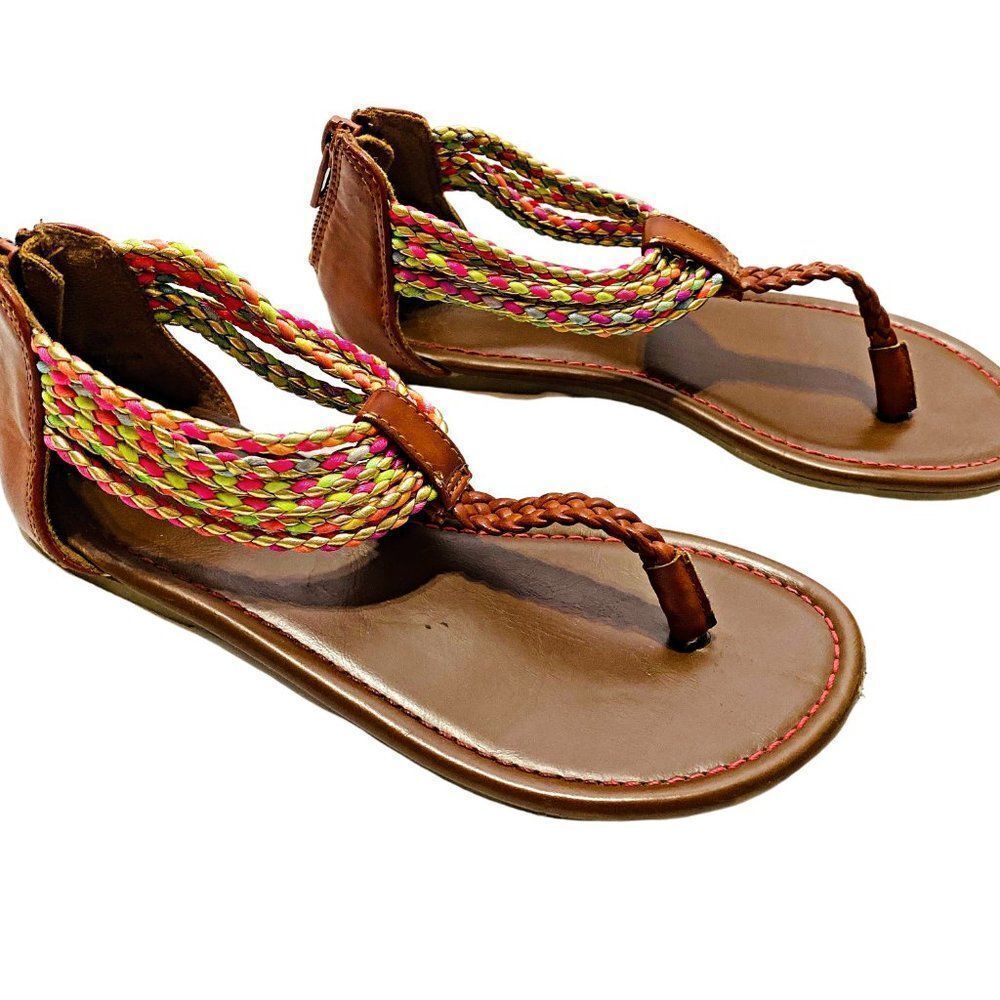 𝅺AEO Braided T-Strap Sandals Neon Coral